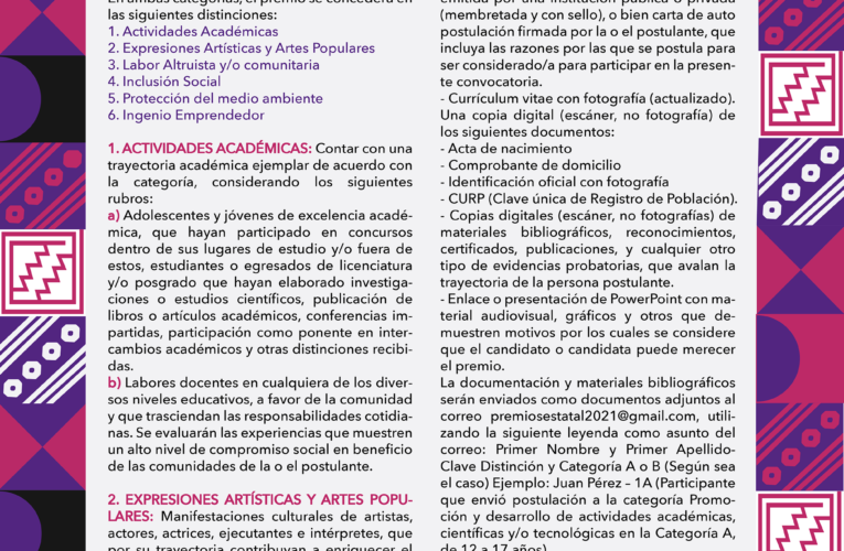 Convoca  ICHIJUV a participar en el Premio Estatal de la Juventud 2021