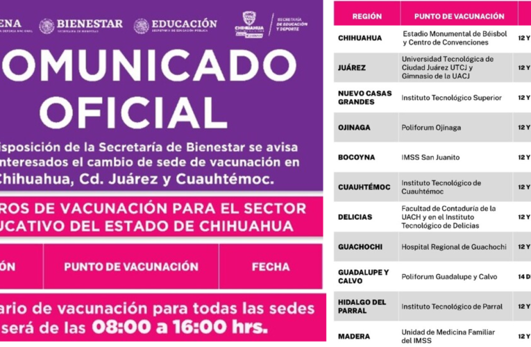 Informa SEyD al personal educativo sobre cambio en sedes de vacunación en Chihuahua, Juárez y Cuauhtémoc